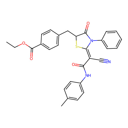 (Z)-ethyl 4-((2-(1-cyano-2-oxo-2-(p-tolylamino)ethylidene)-4-oxo-3-phenylthiazolidin-5-yl)methyl)benzoate structure