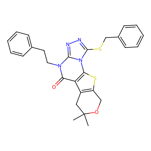 1-(benzylsulfanyl)-7,7-dimethyl-4-(2-phenylethyl)-6,9-dihydro-7H-pyrano[4',3':4,5]thieno[3,2-e][1,2,4]triazolo[4,3-a]pyrimidin-5(4H)-one structure