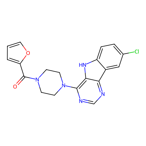 (4-(8-chloro-5H-pyrimido[5,4-b]indol-4-yl)piperazin-1-yl)(furan-2-yl)methanone structure