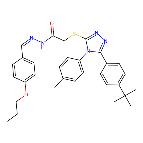 2-[[5-(4-tert-butylphenyl)-4-(4-methylphenyl)-1,2,4-triazol-3-yl]sulfanyl]-N-[(E)-(4-propoxyphenyl)methylideneamino]acetamide structure