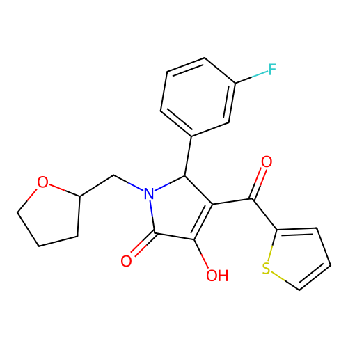 (4E)-5-(3-fluorophenyl)-4-[hydroxy(thiophen-2-yl)methylidene]-1-(tetrahydrofuran-2-ylmethyl)pyrrolidine-2,3-dione structure