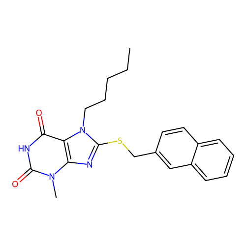 3-methyl-8-(naphthalen-2-ylmethylsulfanyl)-7-pentylpurine-2,6-dione structure