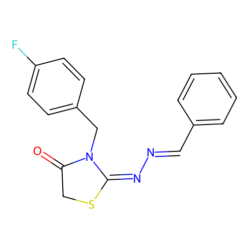 (E)-2-((E)-benzylidenehydrazono)-3-(4-fluorobenzyl)thiazolidin-4-one structure
