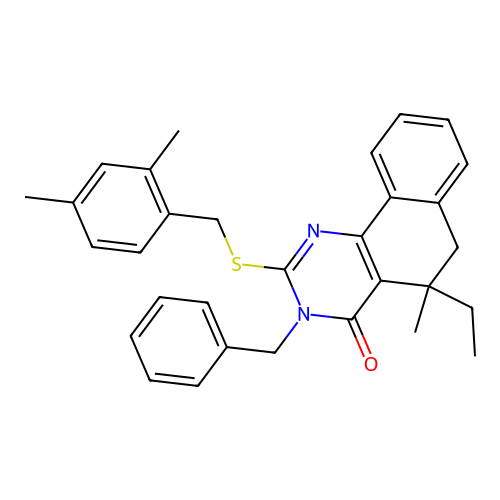 3-benzyl-2-((2,4-dimethylbenzyl)thio)-5-ethyl-5-methyl-5,6-dihydrobenzo[h]quinazolin-4(3H)-one structure
