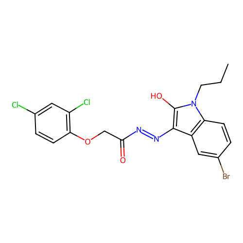N'-[(3E)-5-bromo-2-oxo-1-propyl-1,2-dihydro-3H-indol-3-ylidene]-2-(2,4-dichlorophenoxy)acetohydrazide structure