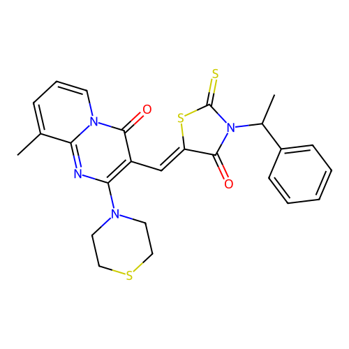 9-methyl-3-{(Z)-[4-oxo-3-(1-phenylethyl)-2-thioxo-1,3-thiazolidin-5-ylidene]methyl}-2-(thiomorpholin-4-yl)-4H-pyrido[1,2-a]pyrimidin-4-one structure