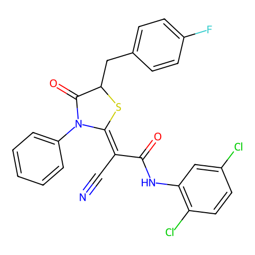 (2Z)-2-cyano-N-(2,5-dichlorophenyl)-2-[5-(4-fluorobenzyl)-4-oxo-3-phenyl-1,3-thiazolidin-2-ylidene]ethanamide structure