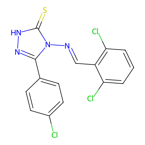 (E)-5-(4-chlorophenyl)-4-((2,6-dichlorobenzylidene)amino)-4H-1,2,4-triazole-3-thiol structure