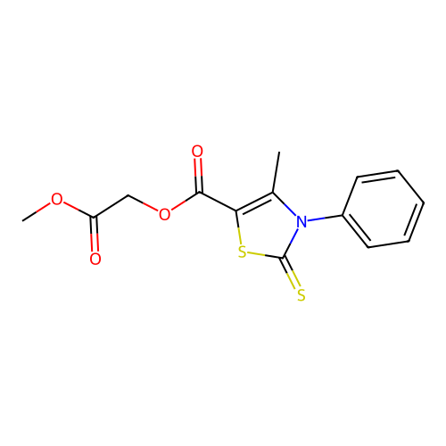 (2-methoxy-2-oxoethyl) 4-methyl-3-phenyl-2-sulfanylidene-1,3-thiazole-5-carboxylate structure