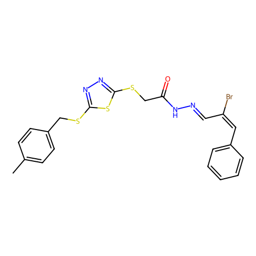 (E)-N'-((E)-2-bromo-3-phenylallylidene)-2-((5-((4-methylbenzyl)thio)-1,3,4-thiadiazol-2-yl)thio)acetohydrazide structure