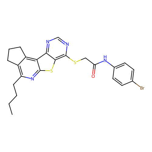 N-(4-bromophenyl)-2-((4-butyl-2,3-dihydro-1H-cyclopenta[4',5']pyrido[3',2':4,5]thieno[3,2-d]pyrimidin-7-yl)thio)acetamide structure