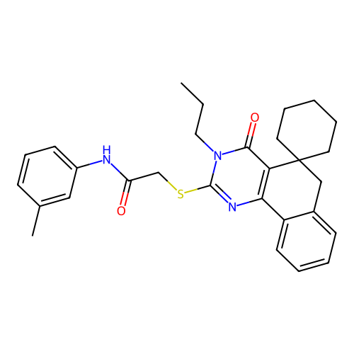 2-((4-oxo-3-propyl-4,6-dihydro-3H-spiro[benzo[h]quinazoline-5,1'-cyclohexan]-2-yl)thio)-N-(m-tolyl)acetamide structure