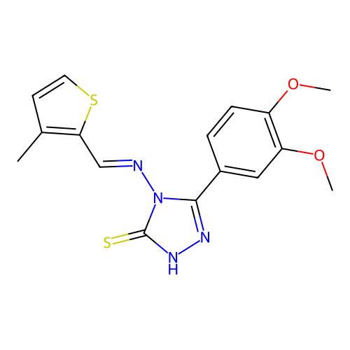(E)-5-(3,4-dimethoxyphenyl)-4-(((3-methylthiophen-2-yl)methylene)amino)-4H-1,2,4-triazole-3-thiol structure