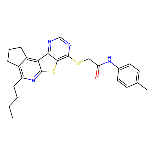 2-((4-butyl-2,3-dihydro-1H-cyclopenta[4',5']pyrido[3',2':4,5]thieno[3,2-d]pyrimidin-7-yl)thio)-N-(p-tolyl)acetamide structure
