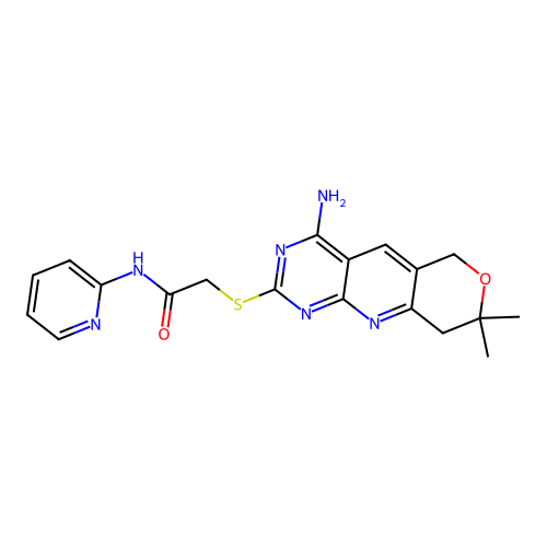 2-[(4-amino-8,8-dimethyl-8,9-dihydro-6H-pyrano[3',4':5,6]pyrido[2,3-d]pyrimidin-2-yl)sulfanyl]-N-(pyridin-2-yl)acetamide structure