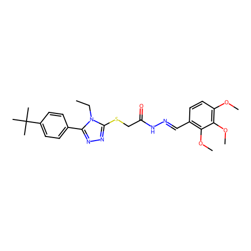(E)-2-((5-(4-(tert-butyl)phenyl)-4-ethyl-4H-1,2,4-triazol-3-yl)thio)-N'-(2,3,4-trimethoxybenzylidene)acetohydrazide structure
