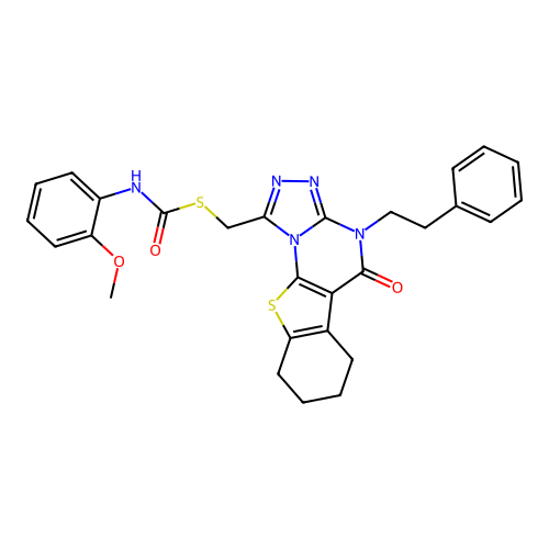 S-((5-oxo-4-phenethyl-4,5,6,7,8,9-hexahydrobenzo[4,5]thieno[3,2-e][1,2,4]triazolo[4,3-a]pyrimidin-1-yl)methyl) (2-methoxyphenyl)carbamothioate structure