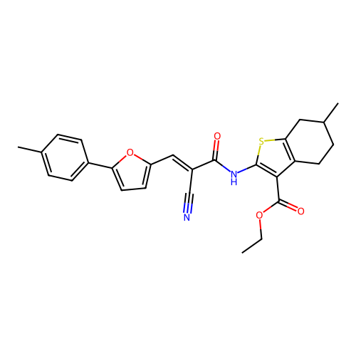 (E)-ethyl 2-(2-cyano-3-(5-(p-tolyl)furan-2-yl)acrylamido)-6-methyl-4,5,6,7-tetrahydrobenzo[b]thiophene-3-carboxylate structure