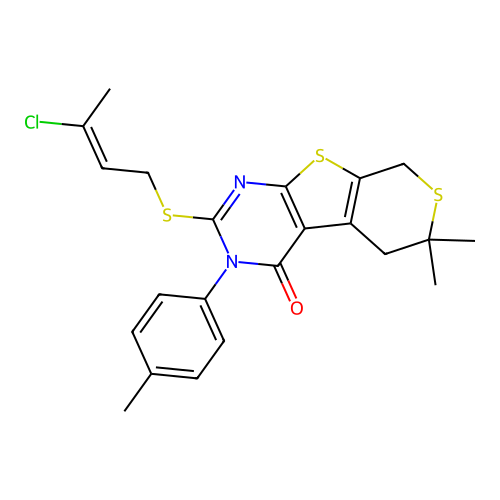 (E)-2-((3-chlorobut-2-en-1-yl)thio)-6,6-dimethyl-3-(p-tolyl)-5,6-dihydro-3H-thiopyrano[4',3':4,5]thieno[2,3-d]pyrimidin-4(8H)-one structure