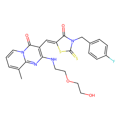 3-{(Z)-[3-(4-fluorobenzyl)-4-oxo-2-thioxo-1,3-thiazolidin-5-ylidene]methyl}-2-{[2-(2-hydroxyethoxy)ethyl]amino}-9-methyl-4H-pyrido[1,2-a]pyrimidin-4-one structure