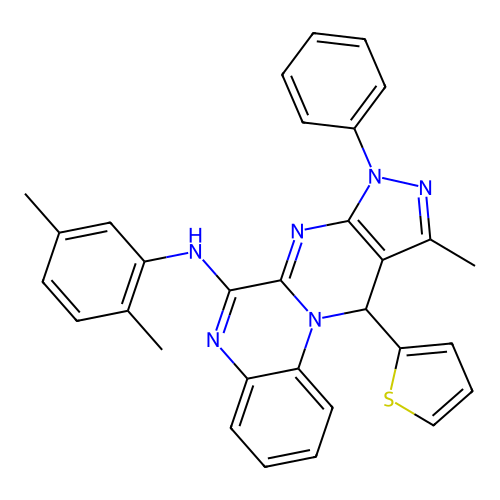 N-(2,5-dimethylphenyl)-10-methyl-8-phenyl-11-(thiophen-2-yl)-8,11-dihydropyrazolo[3',4':4,5]pyrimido[1,2-a]quinoxalin-6-amine structure