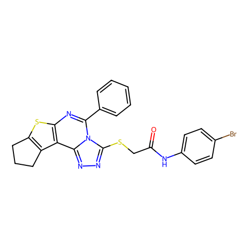 N-(4-bromophenyl)-2-((5-phenyl-9,10-dihydro-8H-cyclopenta[4,5]thieno[3,2-e][1,2,4]triazolo[4,3-c]pyrimidin-3-yl)thio)acetamide structure