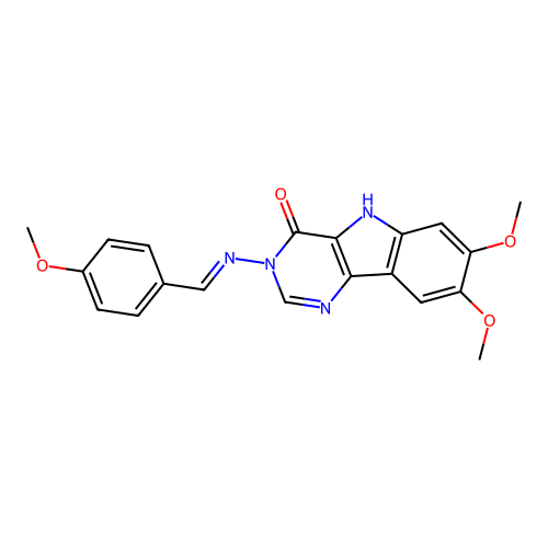 (E)-7,8-dimethoxy-3-((4-methoxybenzylidene)amino)-3H-pyrimido[5,4-b]indol-4(5H)-one structure