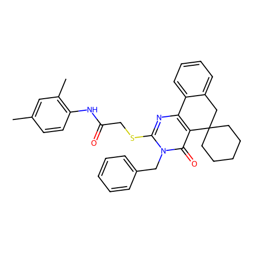 2-((3-benzyl-4-oxo-4,6-dihydro-3H-spiro[benzo[h]quinazoline-5,1'-cyclohexan]-2-yl)thio)-N-(2,4-dimethylphenyl)acetamide structure