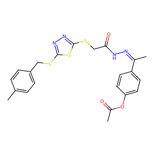 (Z)-4-(1-(2-(2-((5-((4-methylbenzyl)thio)-1,3,4-thiadiazol-2-yl)thio)acetyl)hydrazono)ethyl)phenyl acetate structure