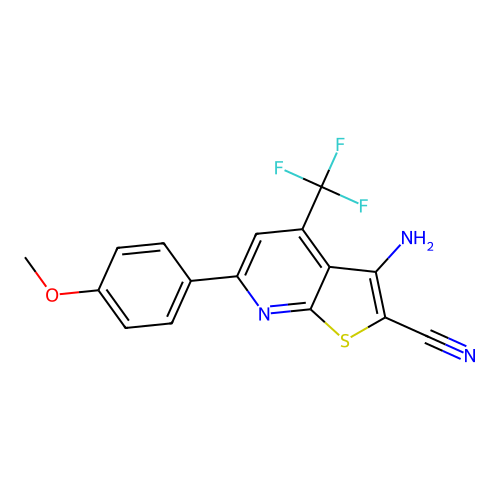 3-amino-6-(4-methoxyphenyl)-4-(trifluoromethyl)thieno[2,3-b]pyridine-2-carbonitrile structure
