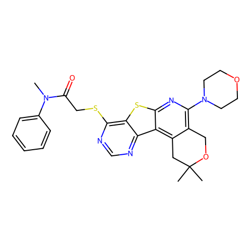 2-((2,2-dimethyl-5-morpholino-2,4-dihydro-1H-pyrano[4'',3'':4',5']pyrido[3',2':4,5]thieno[3,2-d]pyrimidin-8-yl)thio)-N-methyl-N-phenylacetamide structure