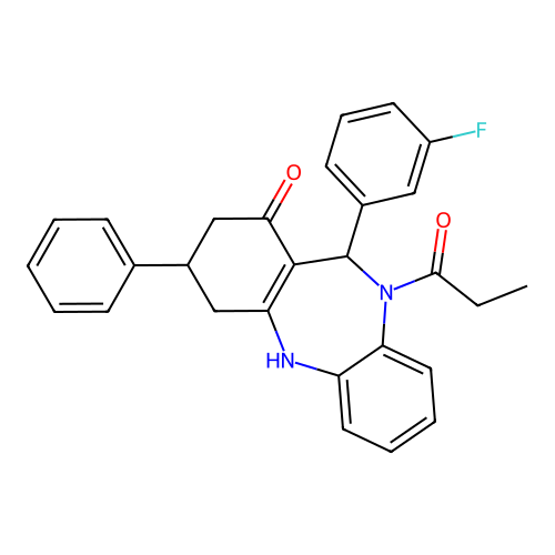11-(3-fluorophenyl)-3-phenyl-10-propionyl-2,3,4,5,10,11-hexahydro-1H-dibenzo[b,e][1,4]diazepin-1-one structure