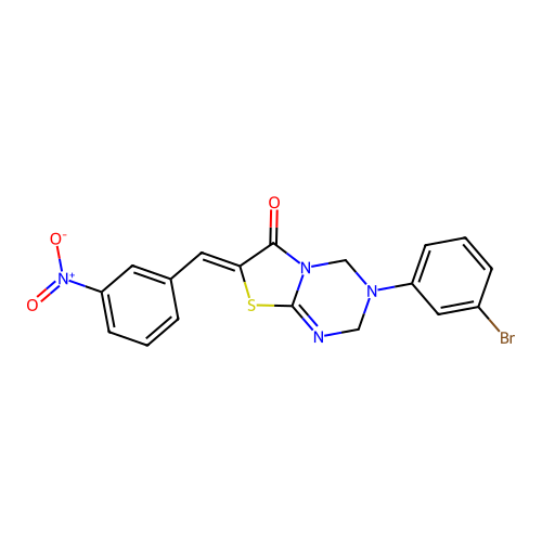 (Z)-3-(3-bromophenyl)-7-(3-nitrobenzylidene)-3,4-dihydro-2H-thiazolo[3,2-a][1,3,5]triazin-6(7H)-one structure