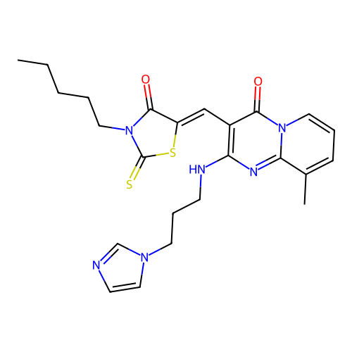 2-{[3-(1H-imidazol-1-yl)propyl]amino}-9-methyl-3-[(Z)-(4-oxo-3-pentyl-2-thioxo-1,3-thiazolidin-5-ylidene)methyl]-4H-pyrido[1,2-a]pyrimidin-4-one structure