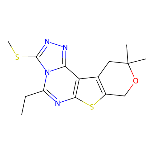 5-ethyl-10,10-dimethyl-3-(methylsulfanyl)-10,11-dihydro-8H-pyrano[4',3':4,5]thieno[3,2-e][1,2,4]triazolo[4,3-c]pyrimidine structure