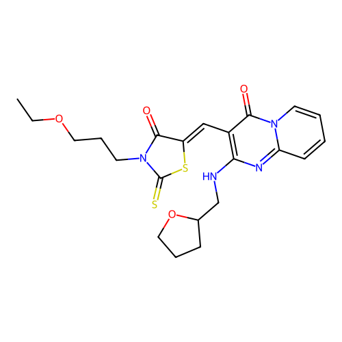 3-{(Z)-[3-(3-ethoxypropyl)-4-oxo-2-thioxo-1,3-thiazolidin-5-ylidene]methyl}-2-[(tetrahydrofuran-2-ylmethyl)amino]-4H-pyrido[1,2-a]pyrimidin-4-one structure