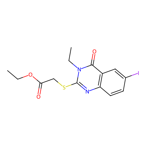 Ethyl [(3-ethyl-6-iodo-4-oxo-3,4-dihydroquinazolin-2-yl)sulfanyl]acetate structure