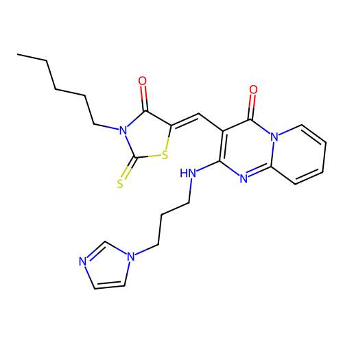 2-{[3-(1H-imidazol-1-yl)propyl]amino}-3-[(Z)-(4-oxo-3-pentyl-2-thioxo-1,3-thiazolidin-5-ylidene)methyl]-4H-pyrido[1,2-a]pyrimidin-4-one structure