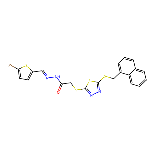 N'-[(E)-(5-bromothiophen-2-yl)methylidene]-2-({5-[(naphthalen-1-ylmethyl)sulfanyl]-1,3,4-thiadiazol-2-yl}sulfanyl)acetohydrazide structure