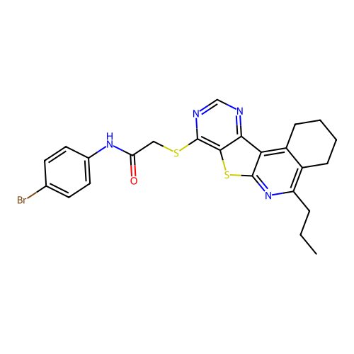 N-(4-bromophenyl)-2-((5-propyl-1,2,3,4-tetrahydropyrimido[4',5':4,5]thieno[2,3-c]isoquinolin-8-yl)thio)acetamide structure