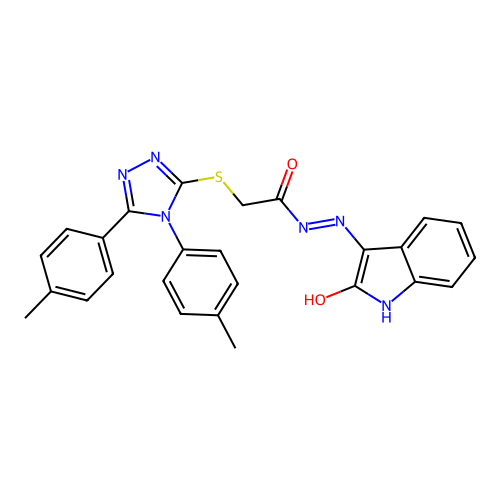 2-[[4,5-bis(4-methylphenyl)-1,2,4-triazol-3-yl]sulfanyl]-N'-(2-oxoindol-3-yl)acetohydrazide structure