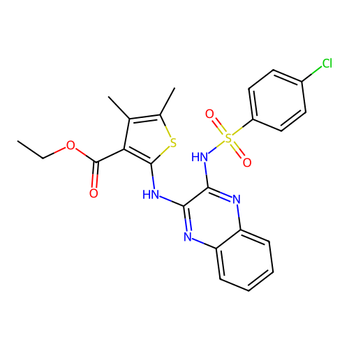 ethyl 2-((3-(4-chlorophenylsulfonamido)quinoxalin-2-yl)amino)-4,5-dimethylthiophene-3-carboxylate structure