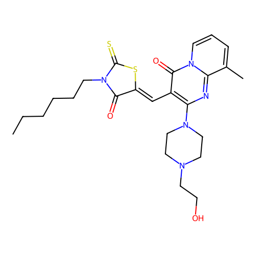 3-[(Z)-(3-hexyl-4-oxo-2-thioxo-1,3-thiazolidin-5-ylidene)methyl]-2-[4-(2-hydroxyethyl)piperazin-1-yl]-9-methyl-4H-pyrido[1,2-a]pyrimidin-4-one structure