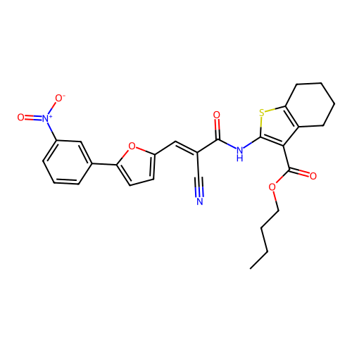 (E)-butyl 2-(2-cyano-3-(5-(3-nitrophenyl)furan-2-yl)acrylamido)-4,5,6,7-tetrahydrobenzo[b]thiophene-3-carboxylate structure