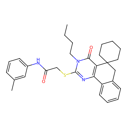 2-((3-butyl-4-oxo-4,6-dihydro-3H-spiro[benzo[h]quinazoline-5,1'-cyclohexan]-2-yl)thio)-N-(m-tolyl)acetamide structure