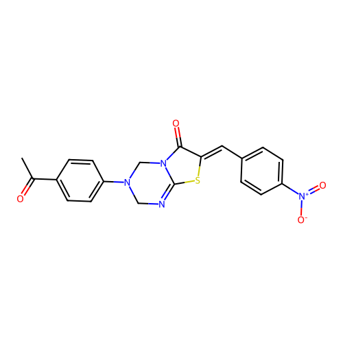 (7Z)-3-(4-acetylphenyl)-7-(4-nitrobenzylidene)-3,4-dihydro-2H-[1,3]thiazolo[3,2-a][1,3,5]triazin-6(7H)-one structure