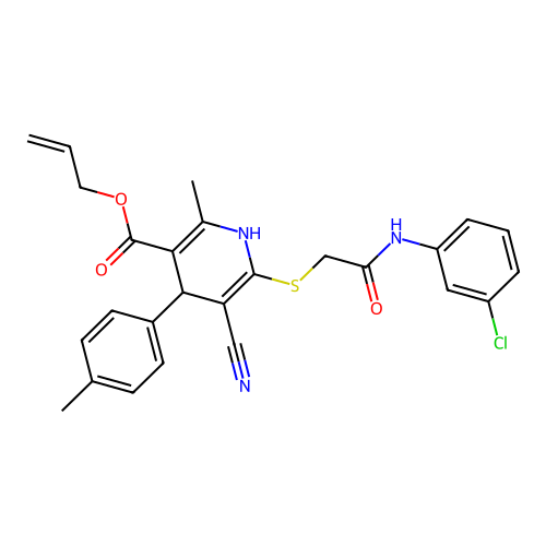 allyl 6-((2-((3-chlorophenyl)amino)-2-oxoethyl)thio)-5-cyano-2-methyl-4-(p-tolyl)-1,4-dihydropyridine-3-carboxylate structure