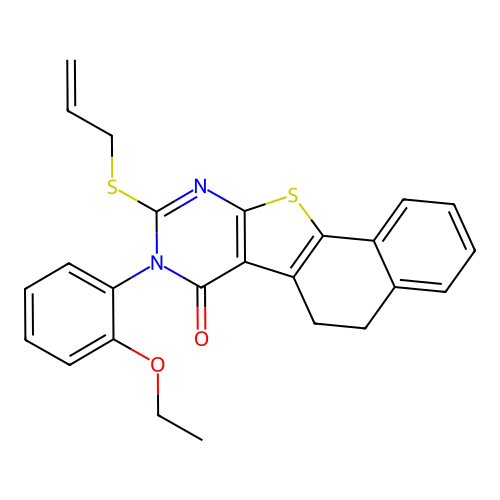 8-(2-ethoxyphenyl)-9-(prop-2-en-1-ylsulfanyl)-5,8-dihydronaphtho[2',1':4,5]thieno[2,3-d]pyrimidin-7(6H)-one structure