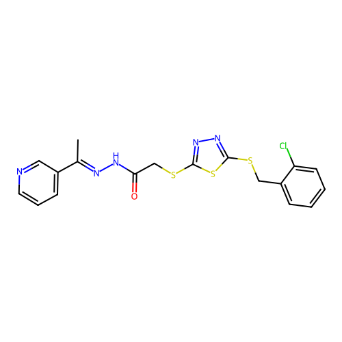 2-({5-[(2-chlorobenzyl)sulfanyl]-1,3,4-thiadiazol-2-yl}sulfanyl)-N'-[(1E)-1-(pyridin-3-yl)ethylidene]acetohydrazide structure
