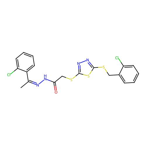 (Z)-2-((5-((2-chlorobenzyl)thio)-1,3,4-thiadiazol-2-yl)thio)-N'-(1-(2-chlorophenyl)ethylidene)acetohydrazide structure